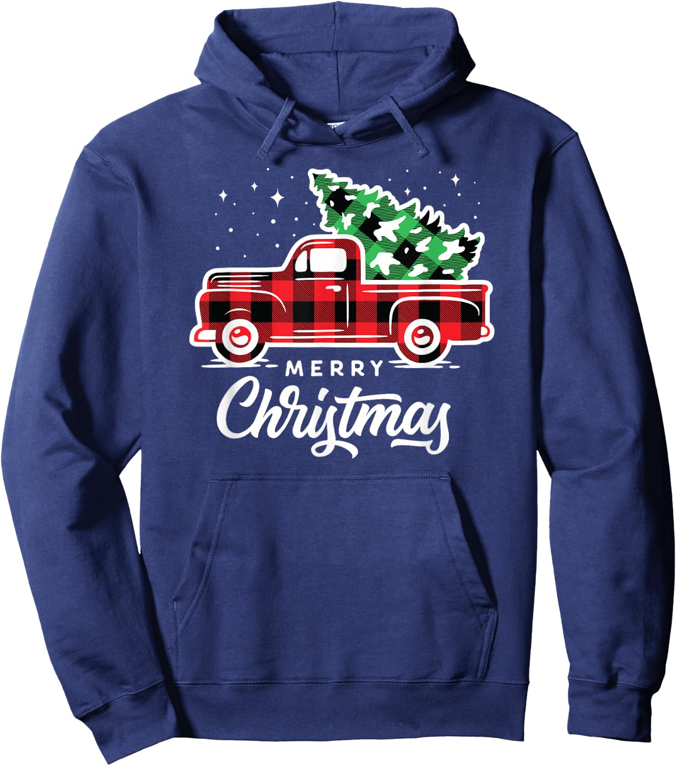 Merry Christmas Pjs Buffalo Plaid Red Truck Christmas Tree Hoodie - Hoodie | Navy