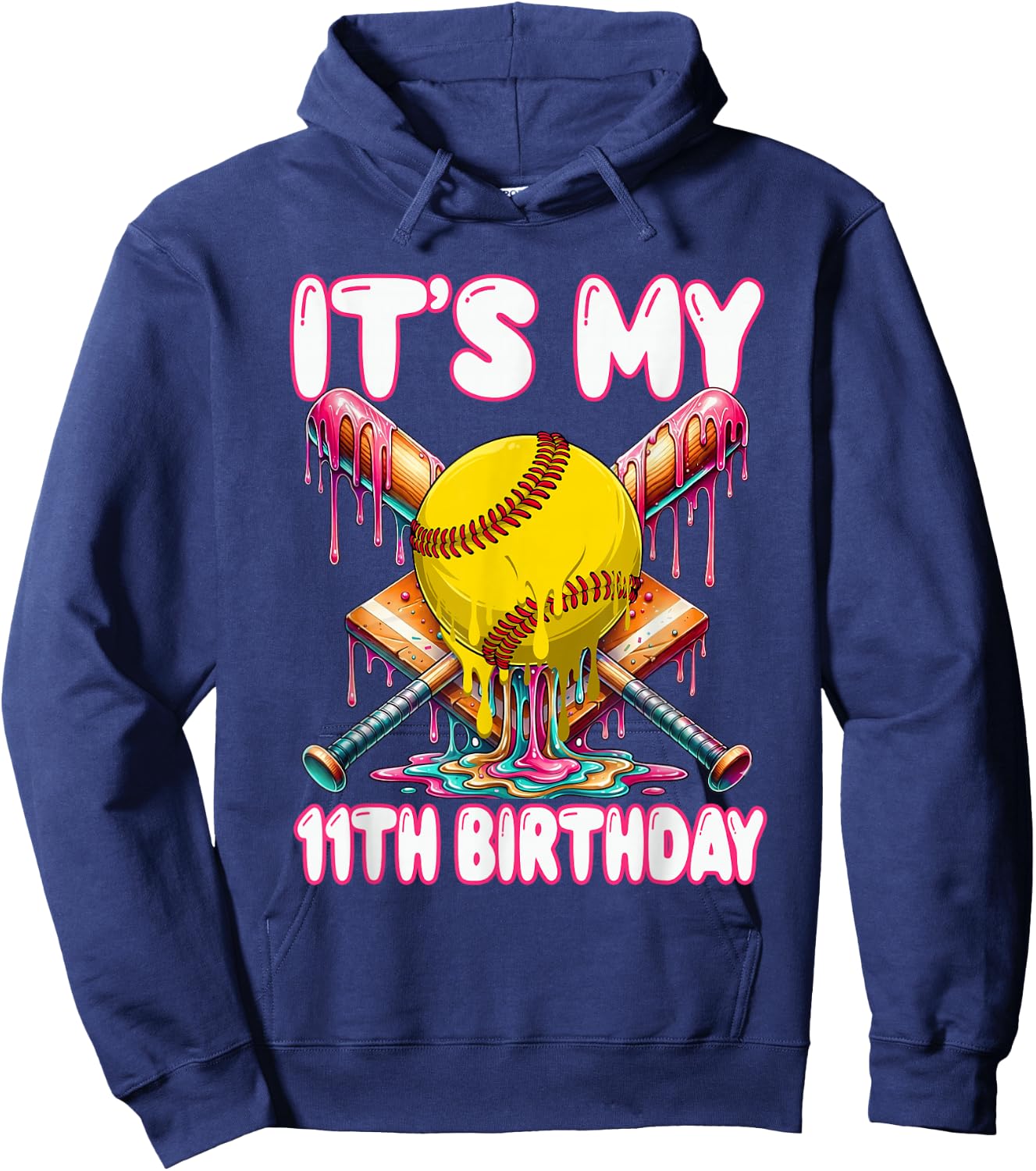 It's My 11th Birthday Softball Drip 11 Year Old Girl Party Hoodie - Hoodie | Navy