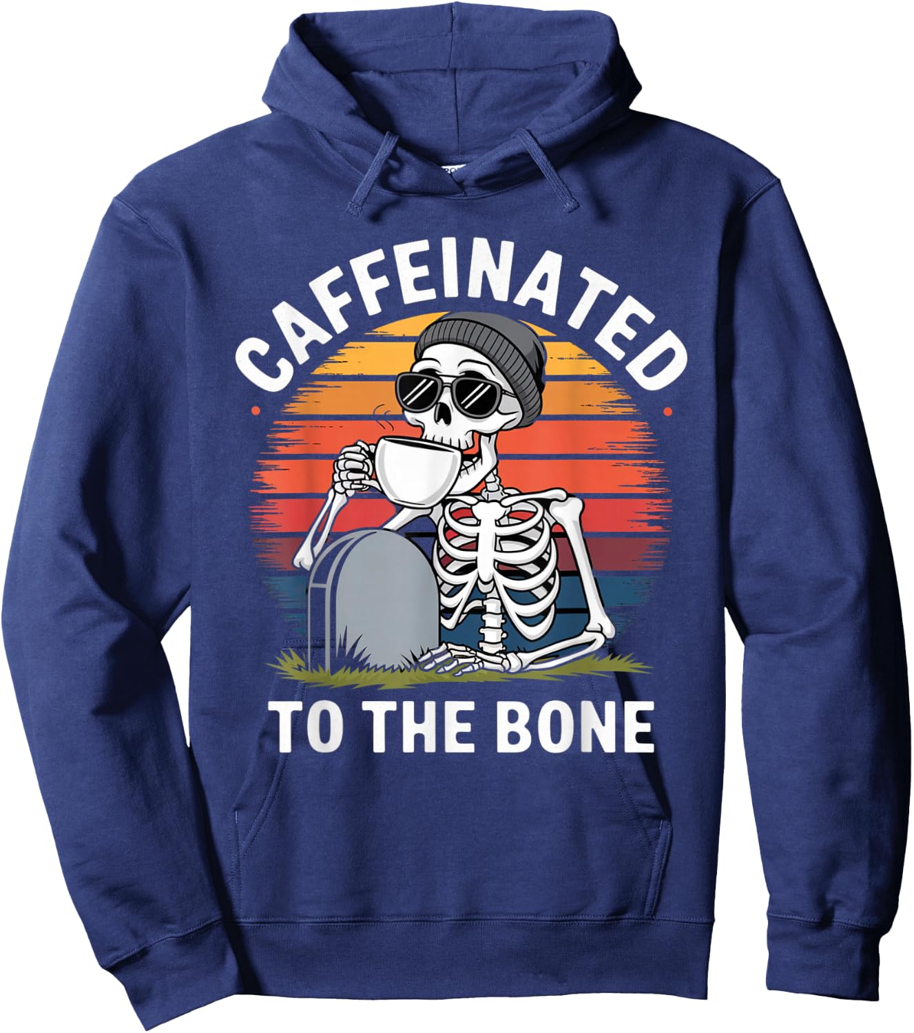 Caffeinated to the Bone Skeleton Coffee Funny Retro Hoodie - Hoodie | Navy