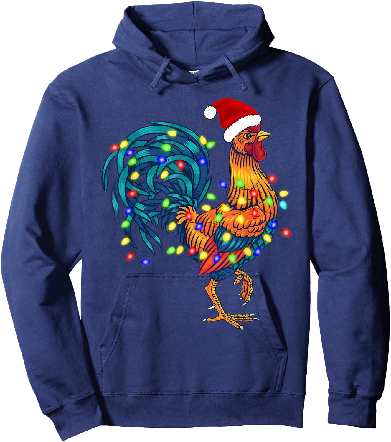 Funny Rooster Chicken Santa Christmas Lights Farmer Pajamas Hoodie - Hoodie | Navy