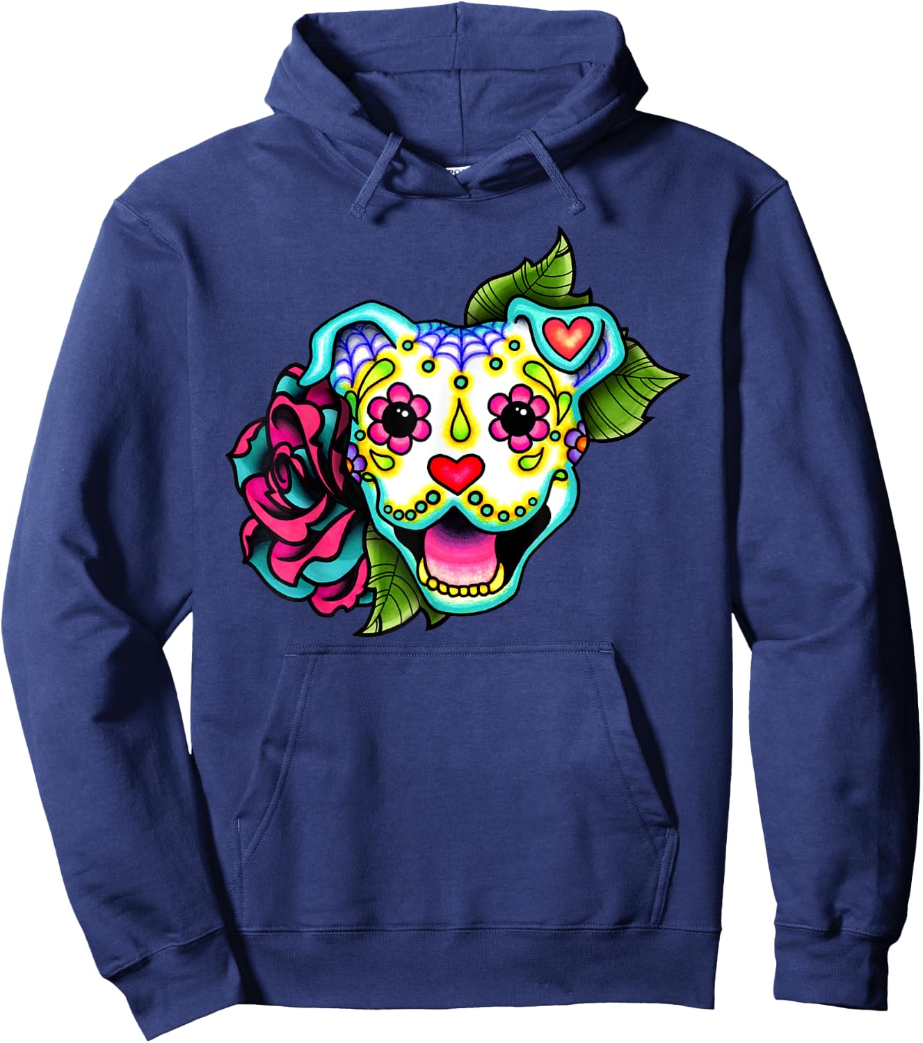 Smiling Pitbull in White - Day of the Dead Sugar Skull Dog Men Women Girls Kids Hoodie - Hoodie | Navy