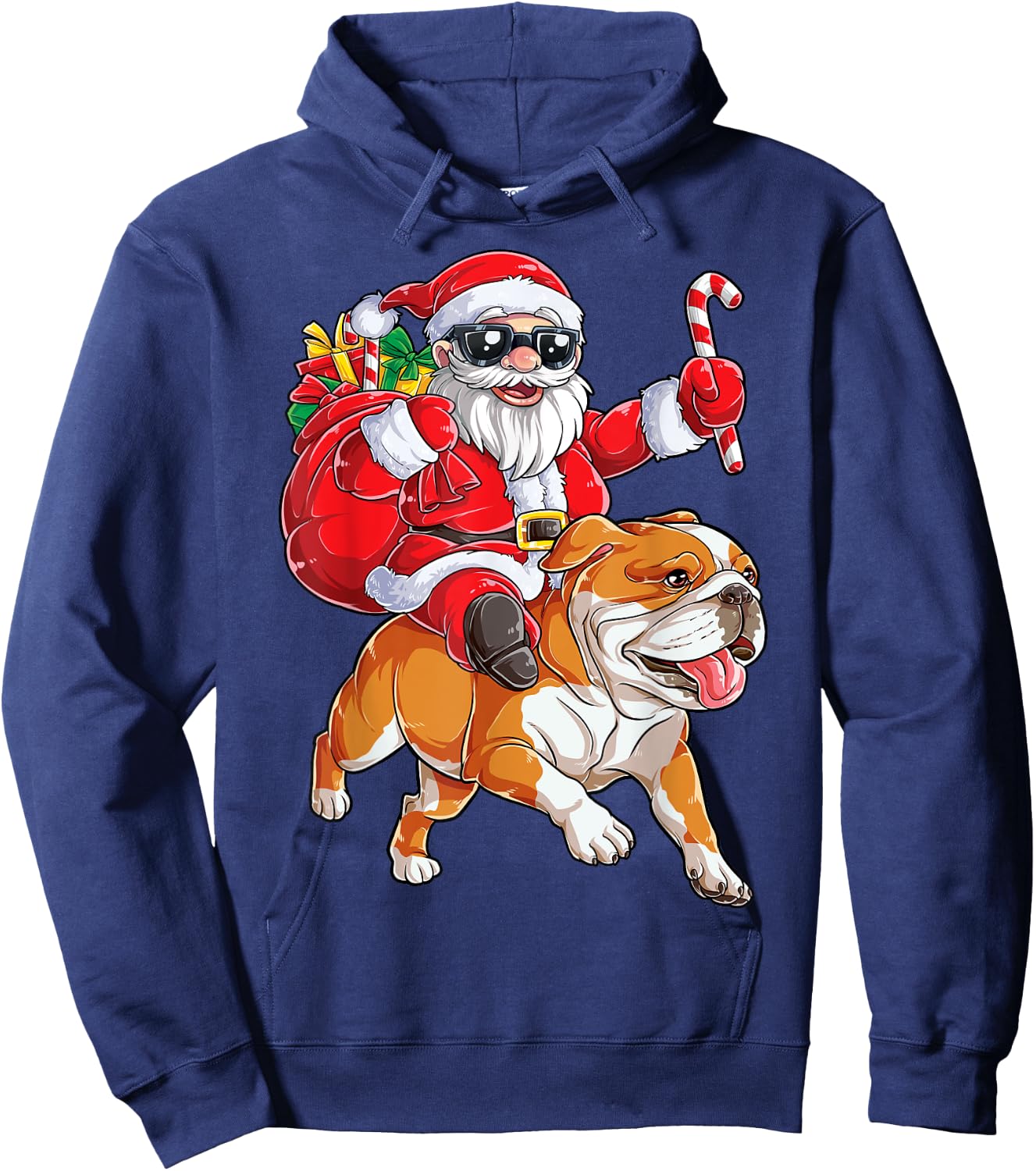 Christmas Santa Claus Riding English Bulldog Xmas Boys Dog Hoodie - Hoodie | Navy