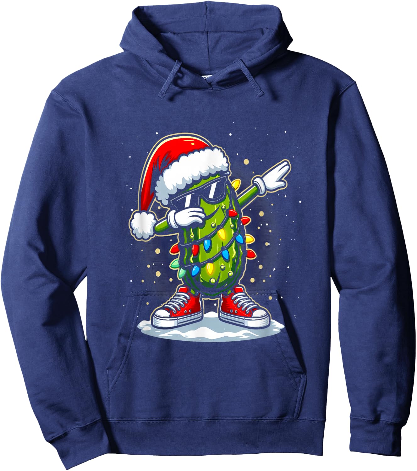 Merry Christmas Pickle Cucumber Dabbing Santa Hat Lights Hoodie - Hoodie | Navy