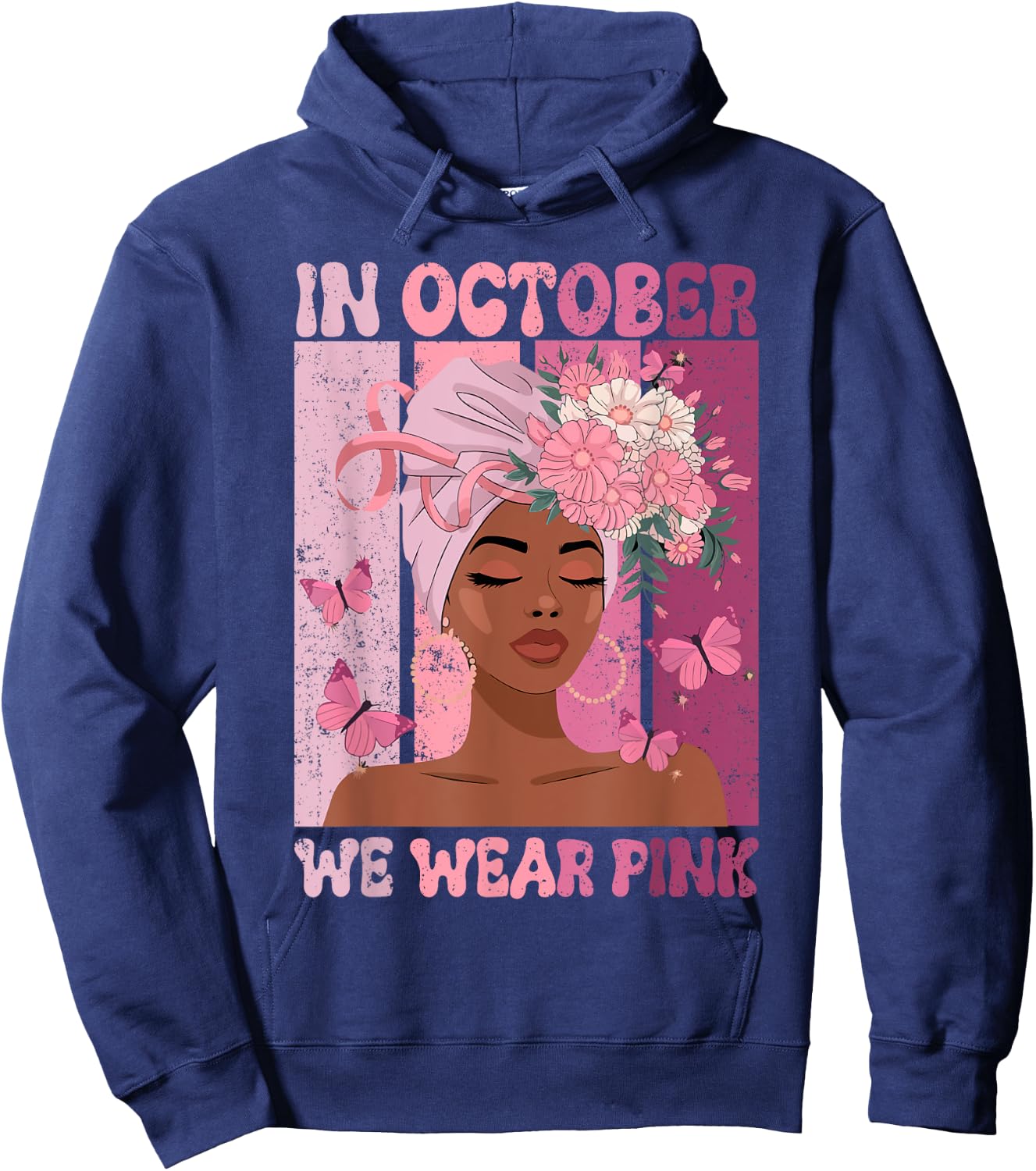 Black Woman In October We Wear Pink Ribbon Breast Cancer Hoodie - Hoodie | Navy