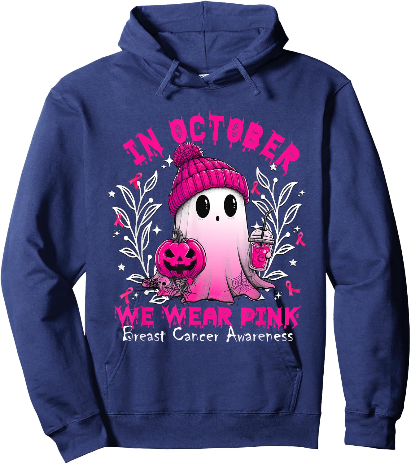 In October We Wear Pink Ghost Witch Breast Cancer Awareness Hoodie - Hoodie | Navy