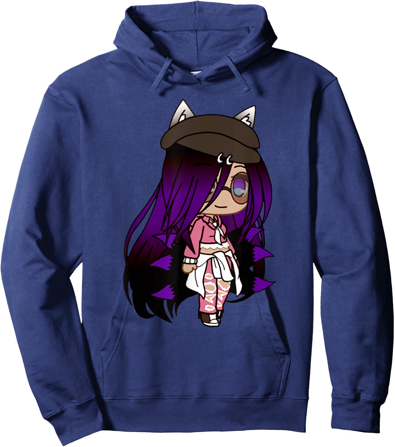 Cute Chibi Style Kawaii Anime Girl with Fox Ears and Tails Hoodie - Hoodie | Navy