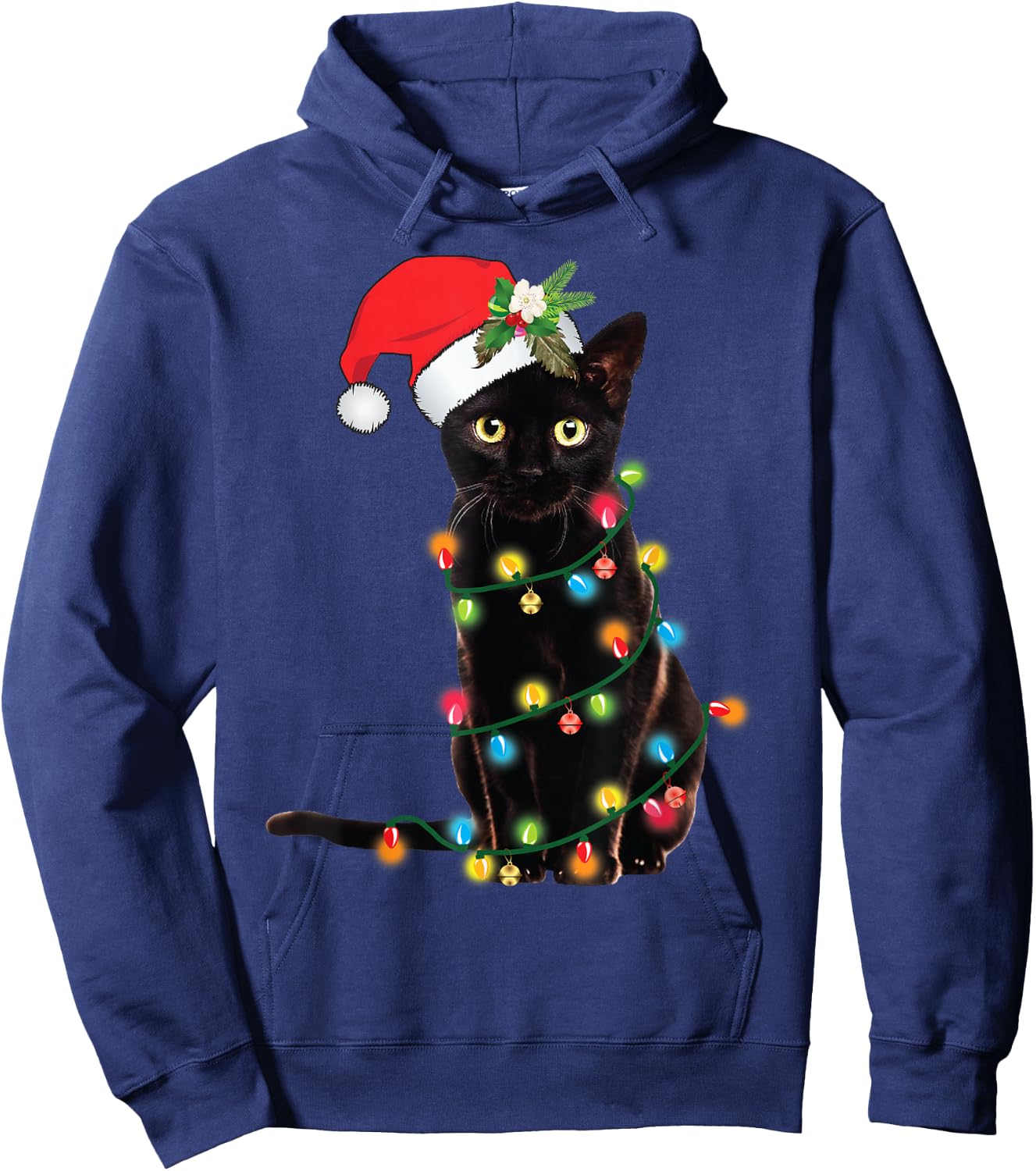 Santa Black Cat Tangled Up In Christmas Tree Lights Holiday Hoodie - Hoodie | Navy