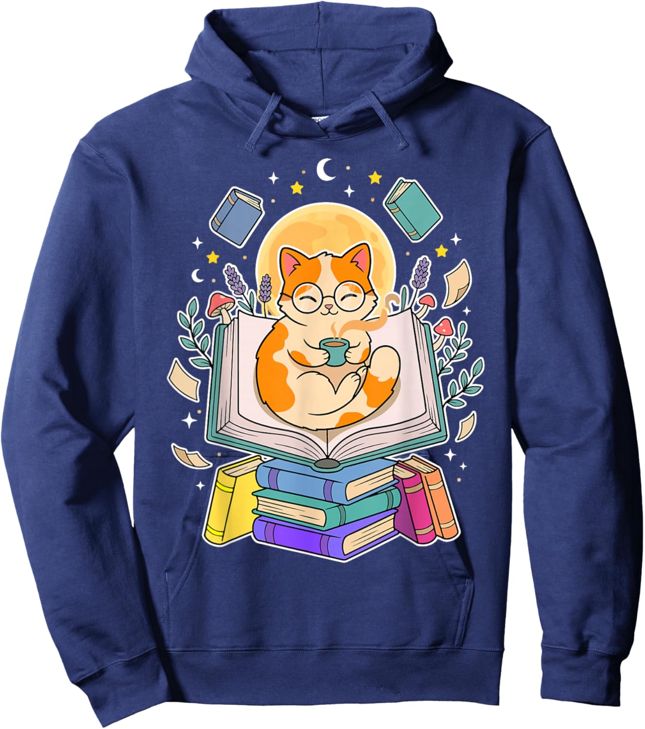 Cat Reading Book Lover Coffee Books Teacher Librarian Cat Hoodie - Hoodie | Navy