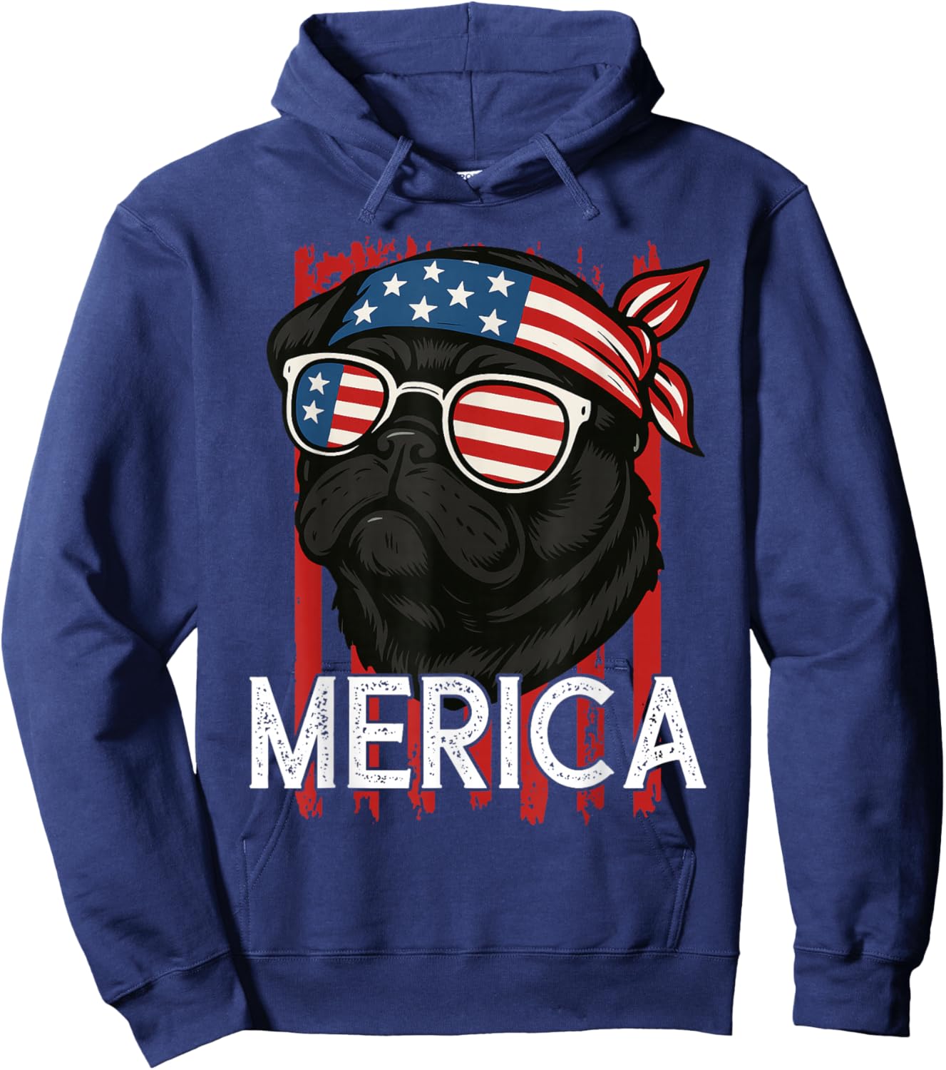 Merica Pug With American Flag Sunglasses Patriotic Dog Hoodie - Hoodie | Navy