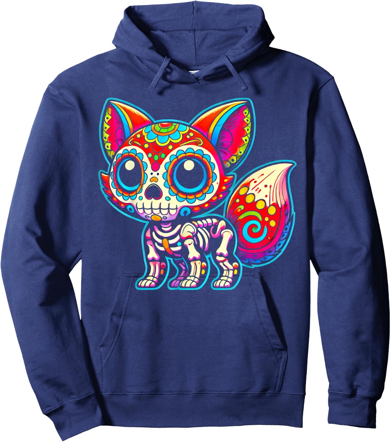 Colorful Sugar Skull Fox Day of the Dead Skeleton Art Lover Hoodie - Hoodie | Navy