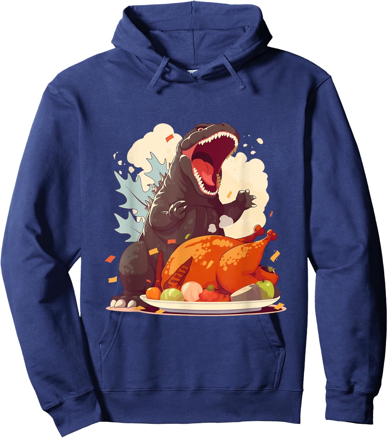 Kaiju Monsters Doing Everyday Things Hangry Kaiju Ready for Thanksgiving Turkey Feast -Adults Hoodie - Hoodie | Navy