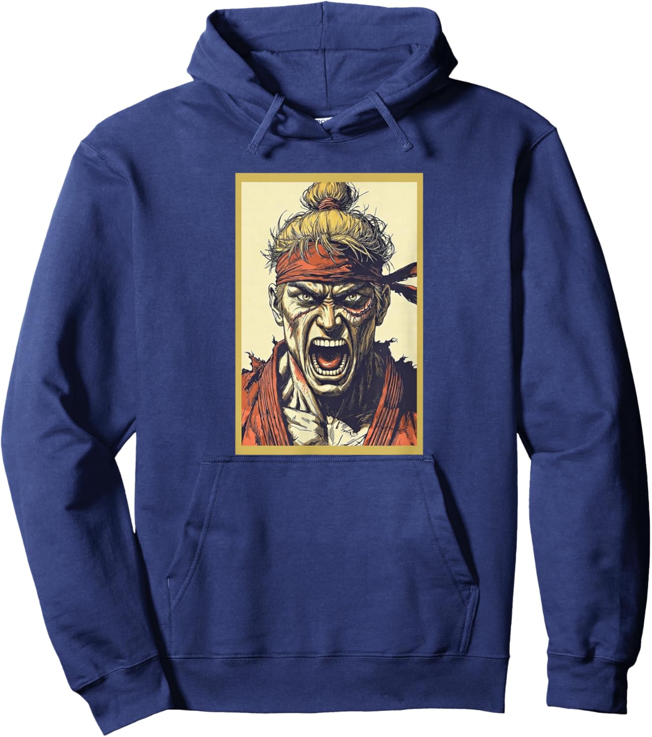 Hawk the Intense Manga Warrior | Top Knot & Scar Art Hoodie - Hoodie | Navy