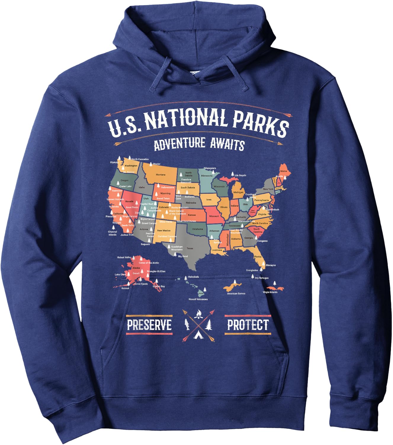 US National Parks Map Preserve Protect Hiking Camping Gift Hoodie - Hoodie | Navy
