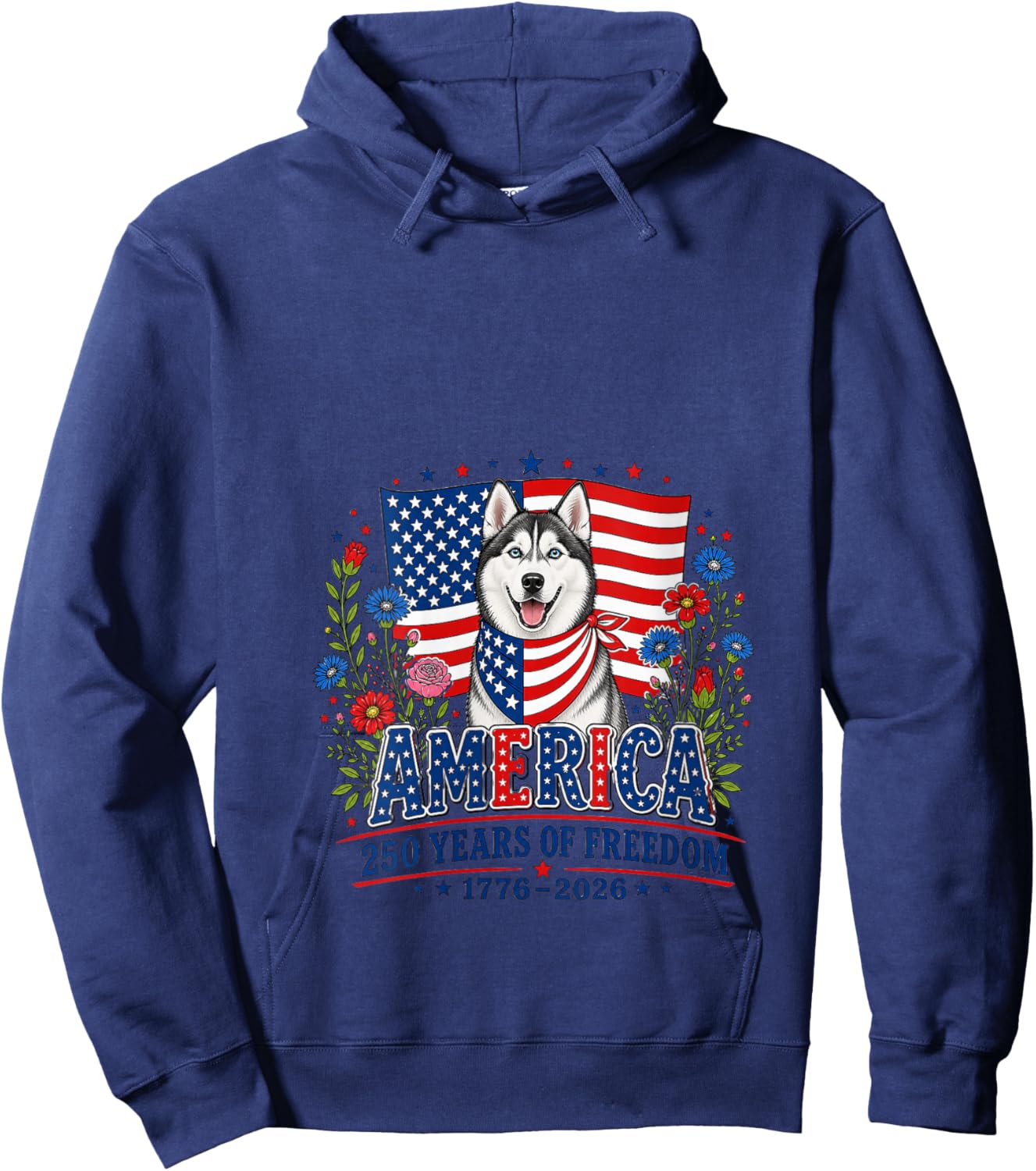 Women's 250 Years America Siberian Husky Patriotic USA 4th of July V-Neck Hoodie - Hoodie | Navy