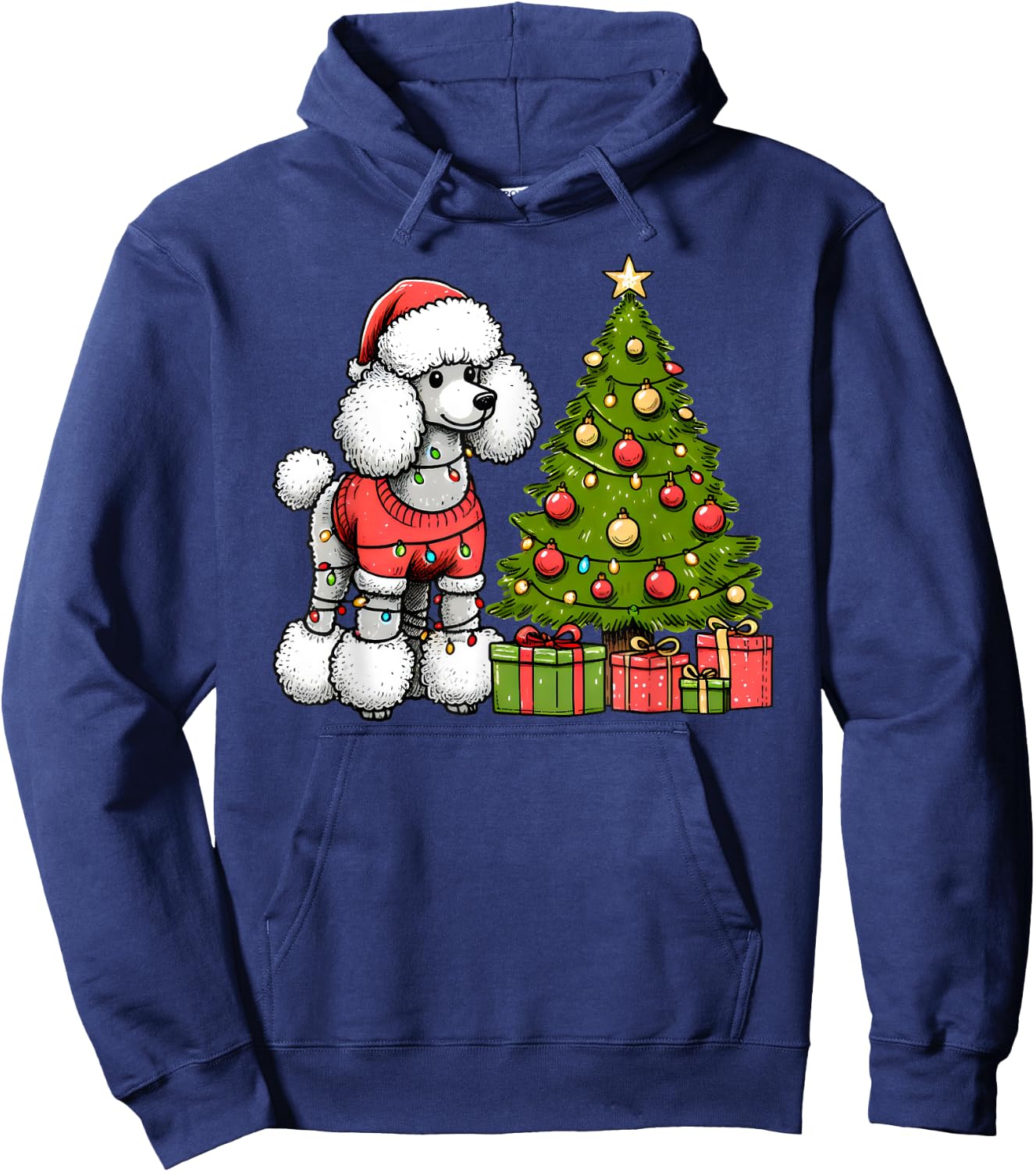 Merry Christmas Poodle Santa Christmas Lights Dog Xmas Tree Hoodie - Hoodie | Navy