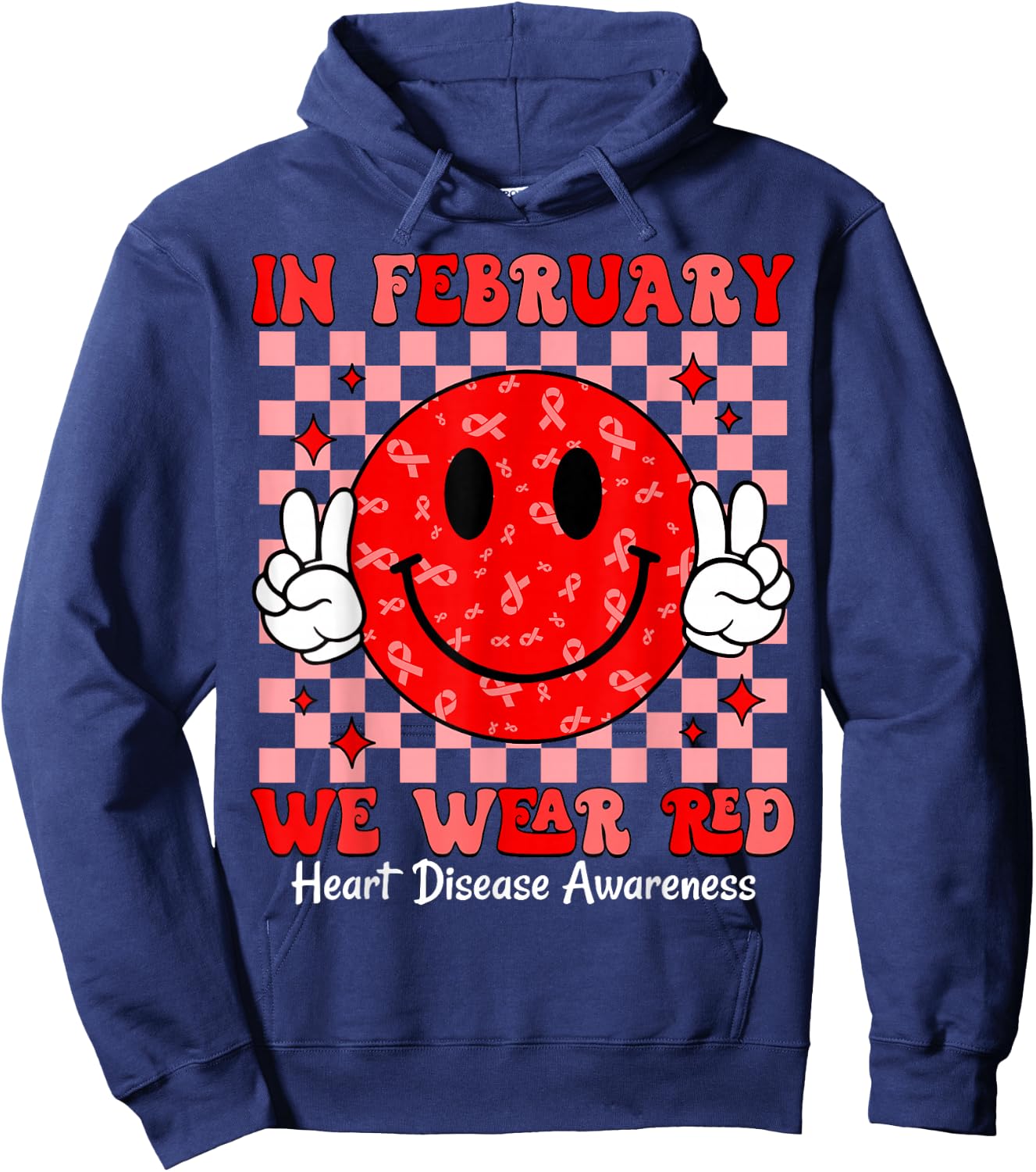Groovy In February We Wear Red For Heart Disease Awareness Hoodie - Hoodie | Navy