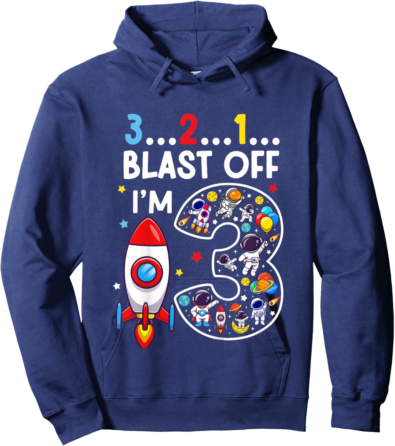 Kids 3 Year Old Astronaut Outer Space Birthday 3rd Birthday Boys Hoodie - Hoodie | Navy