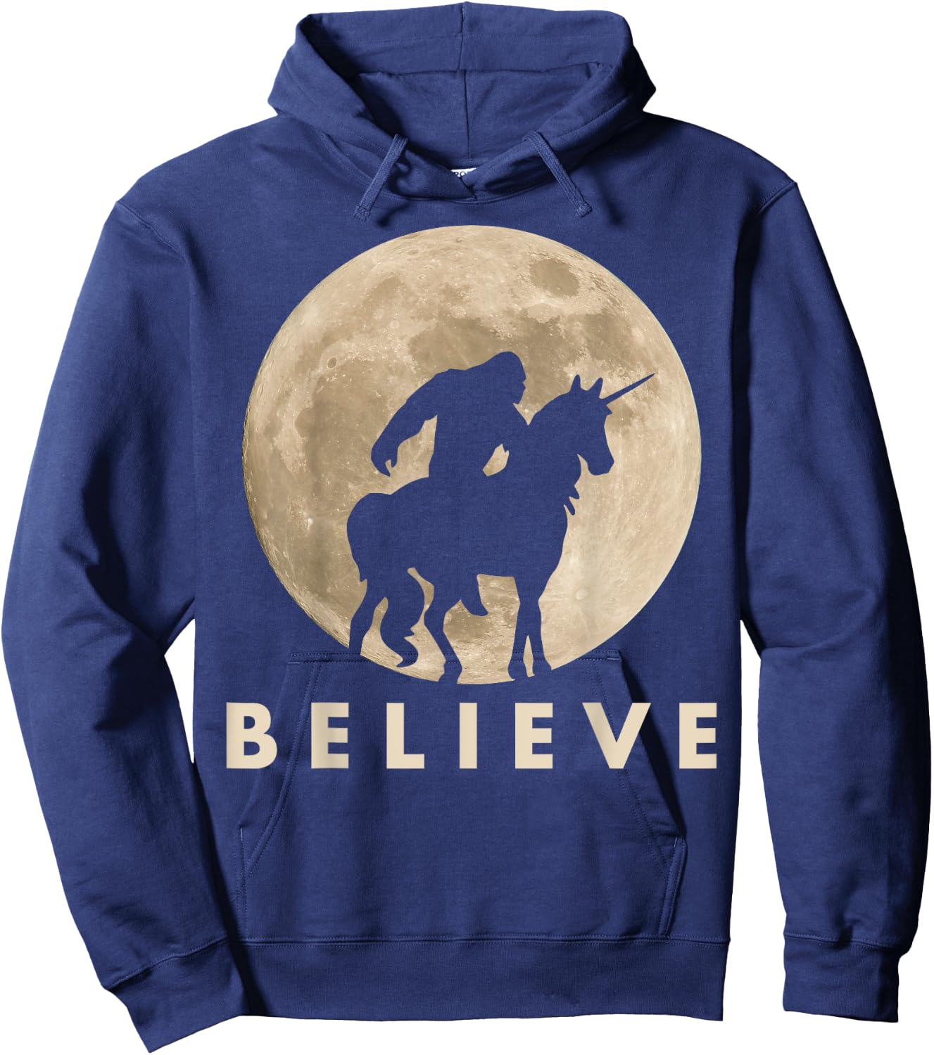 Bigfoot Riding a Unicorn Against a Full Moon Shirt, Believe! Hoodie - Hoodie | Navy