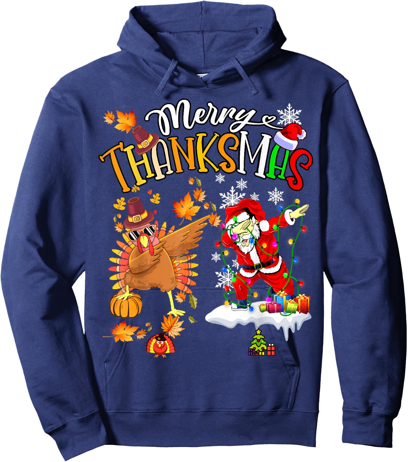 Merry Thanksmas Thanksgiving Christmas, Turkey Santa Dabbing Hoodie - Hoodie | Navy