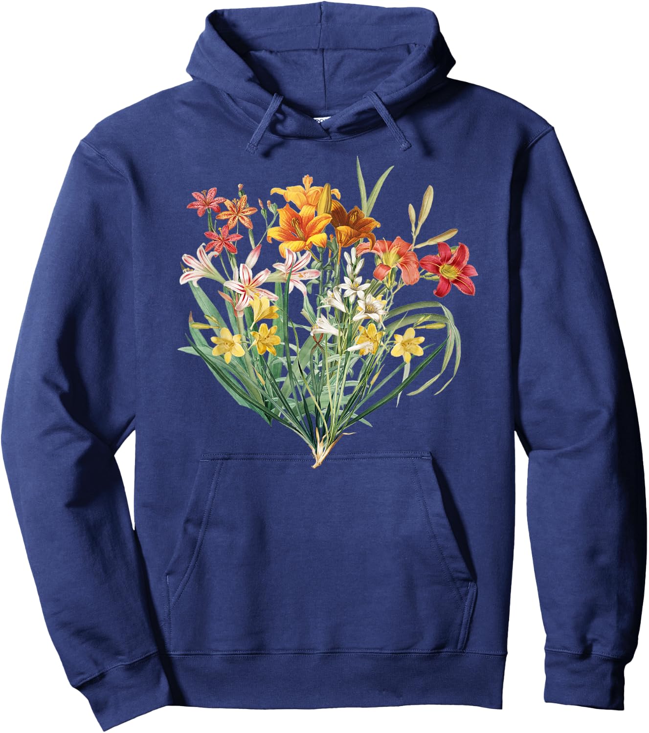 Variety of Lillies Graphic Flower Print Flowered Hoodie - Hoodie | Navy