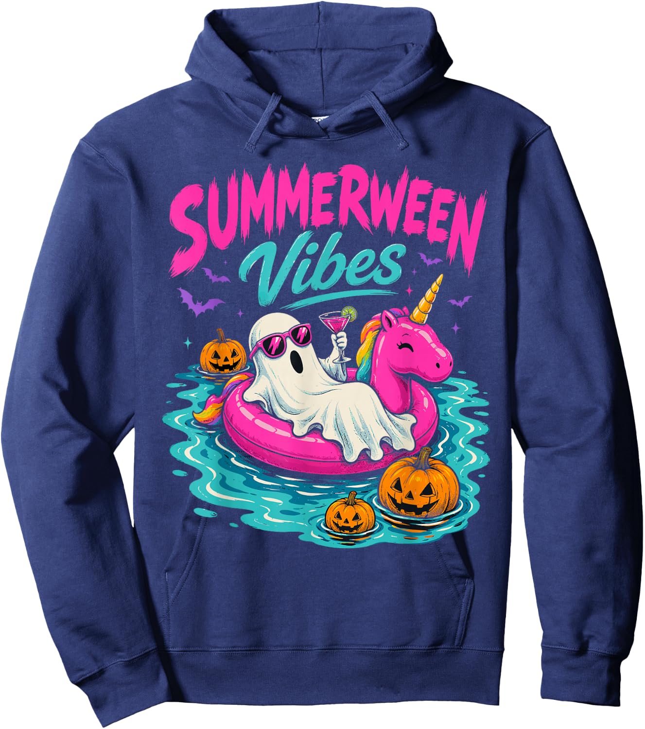 Summerween Vibes Spooky Ghost Unicorn Beach Halloween Girls Hoodie - Hoodie | Navy