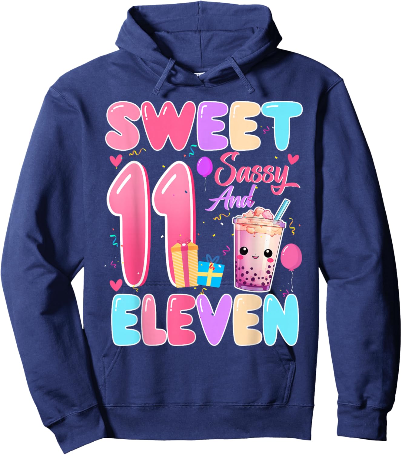 Sweet Sassy and Eleven 11th Birthday Bubble Boba Tea Hoodie - Hoodie | Navy