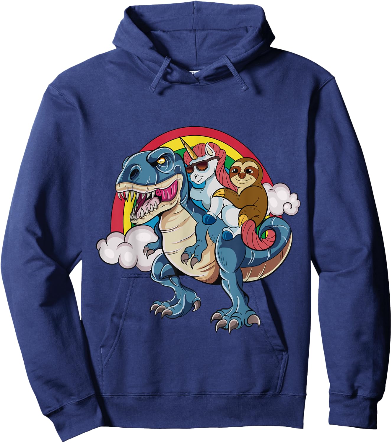 Magical Unicorn & Sloth Riding A Dinosaur Rainbow T Shirt Hoodie - Hoodie | Navy