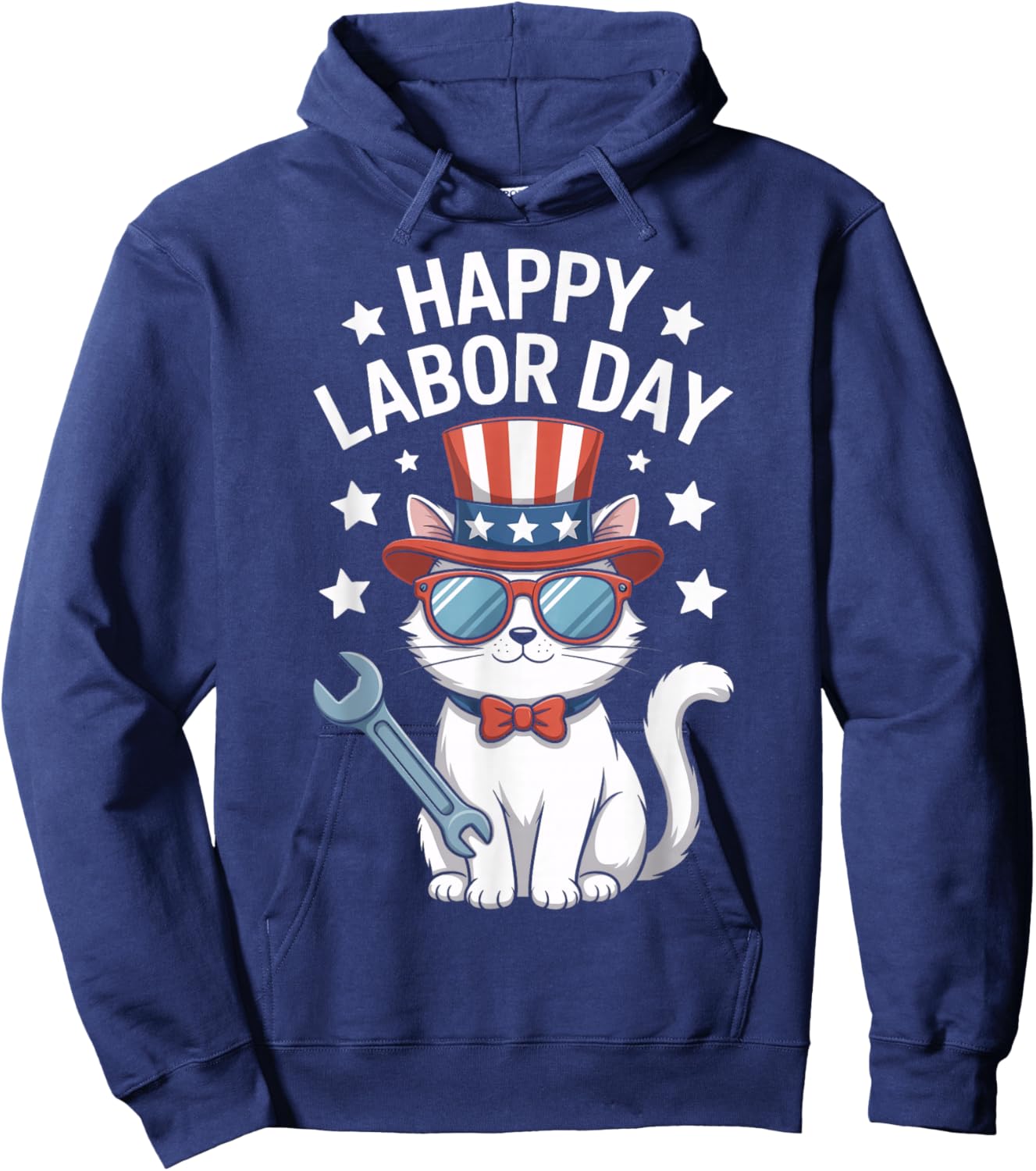 Happy Labor Day Patriotic Cat Wrench Stars Worker Humor Hoodie - Hoodie | Navy