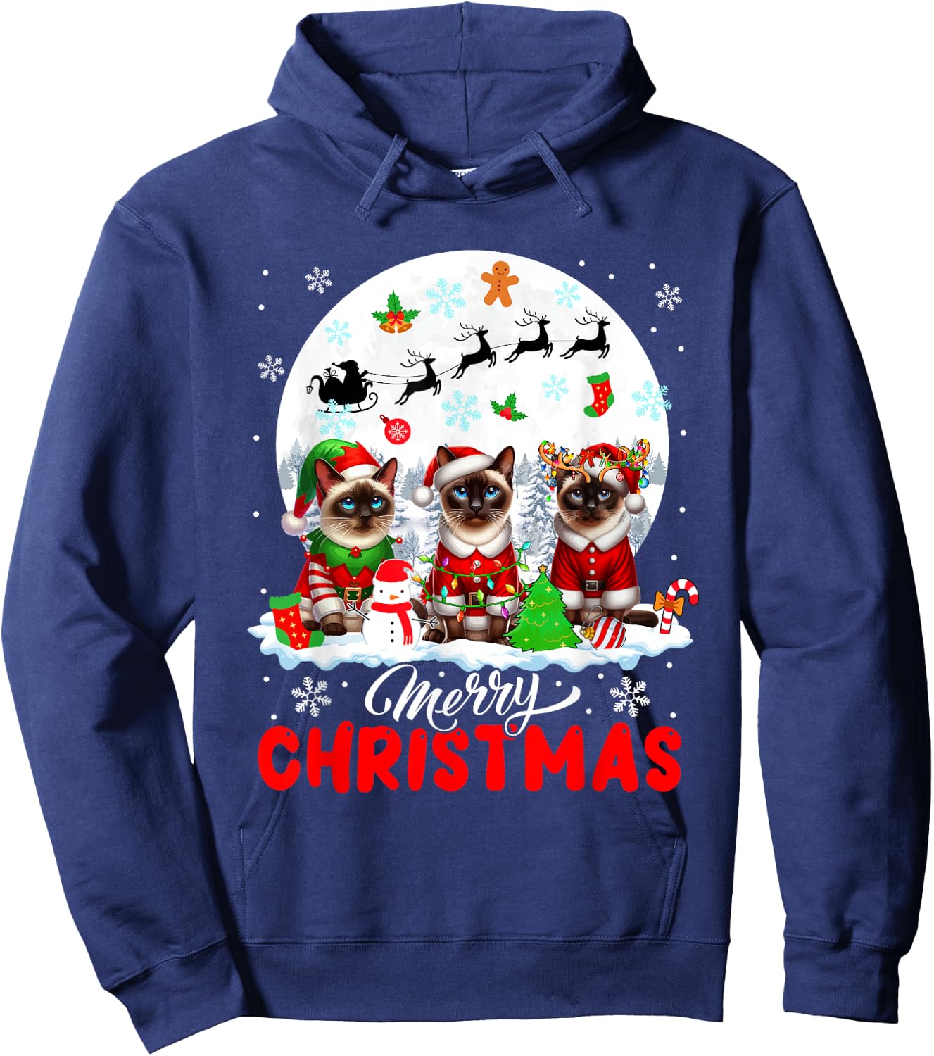 Merry Christmas Three Santa Elf Reindeer Siamese Cats Owner Hoodie - Hoodie | Navy