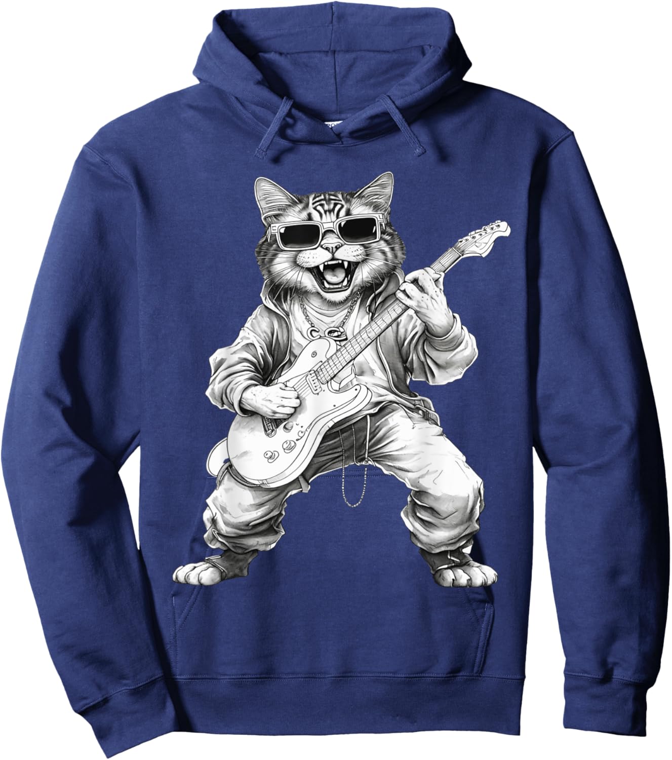 Rock Cat Playing Guitar Funny Guitar Cat Wearing Sunglasses Women Kids Hoodie - Hoodie | Navy