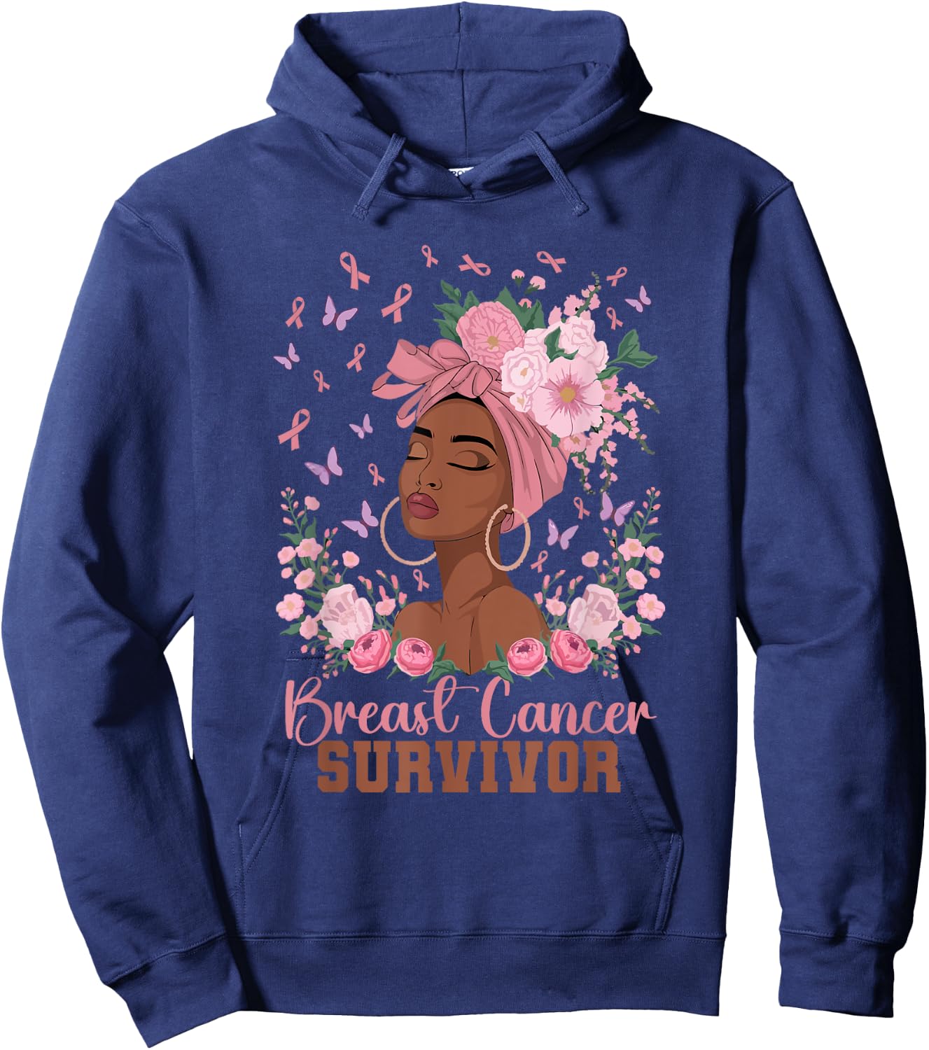 Black Woman Pink Ribbon October Breast Cancer Survivor Hoodie - Hoodie | Navy