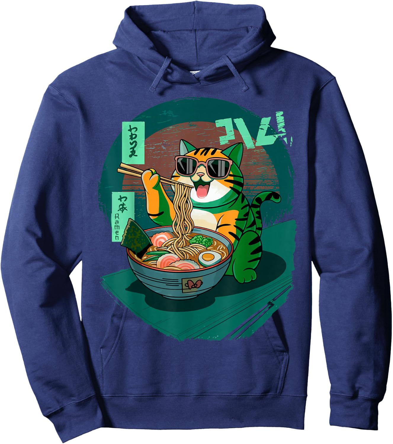 Funny Cat Eating Ramen Graphic Japanese Kawaii Anime Hoodie - Hoodie | Navy