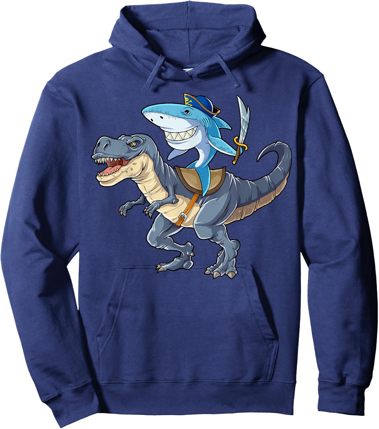 Shark Riding Dinosaur T rex T Shirt Pirate Jawsome Kids Hoodie - Hoodie | Navy