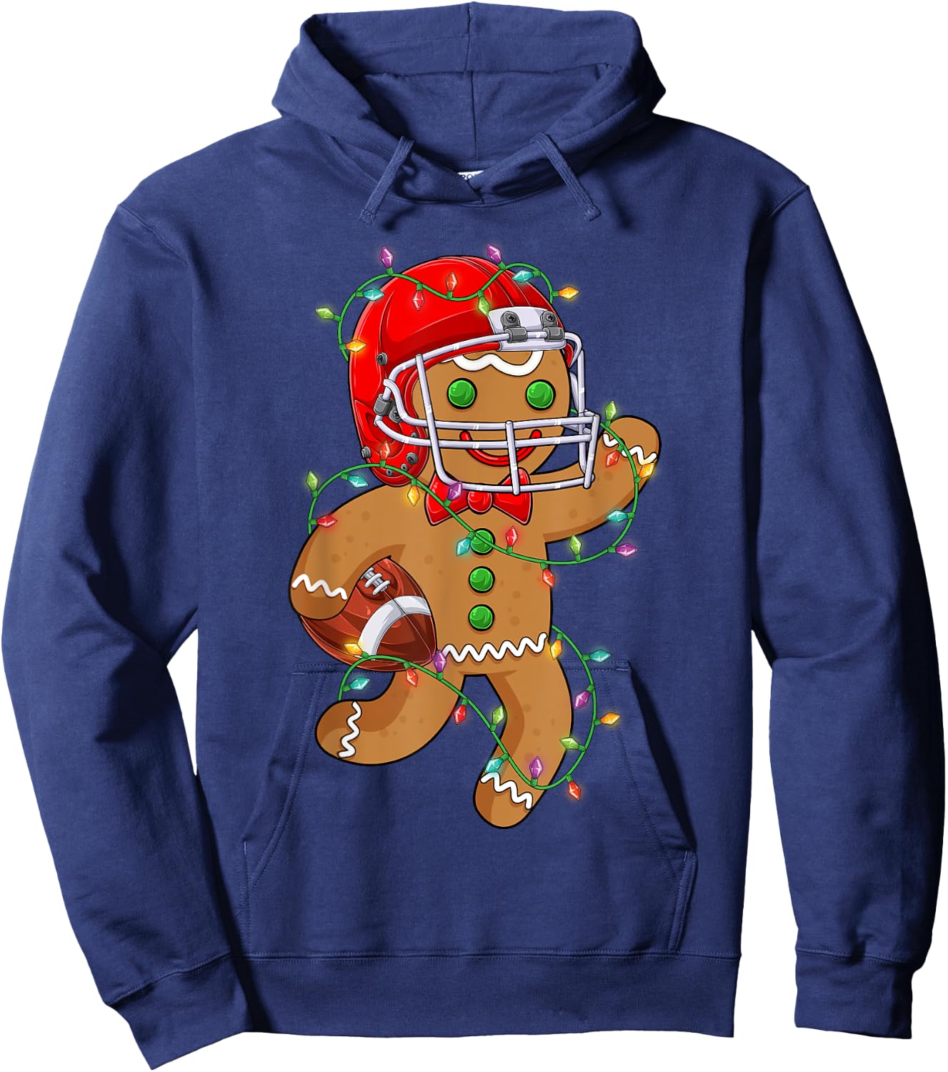 Funny Gingerbread Playing American Football Christmas Lights Hoodie - Hoodie | Navy
