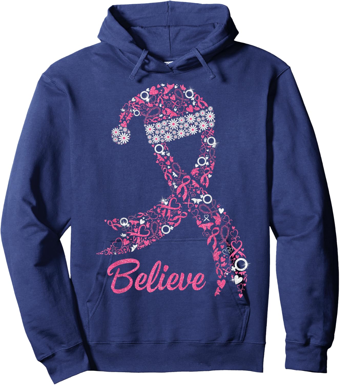 Pink Ribbon Santa Hat Breast Cancer Awareness Christmas Day Hoodie - Hoodie | Navy