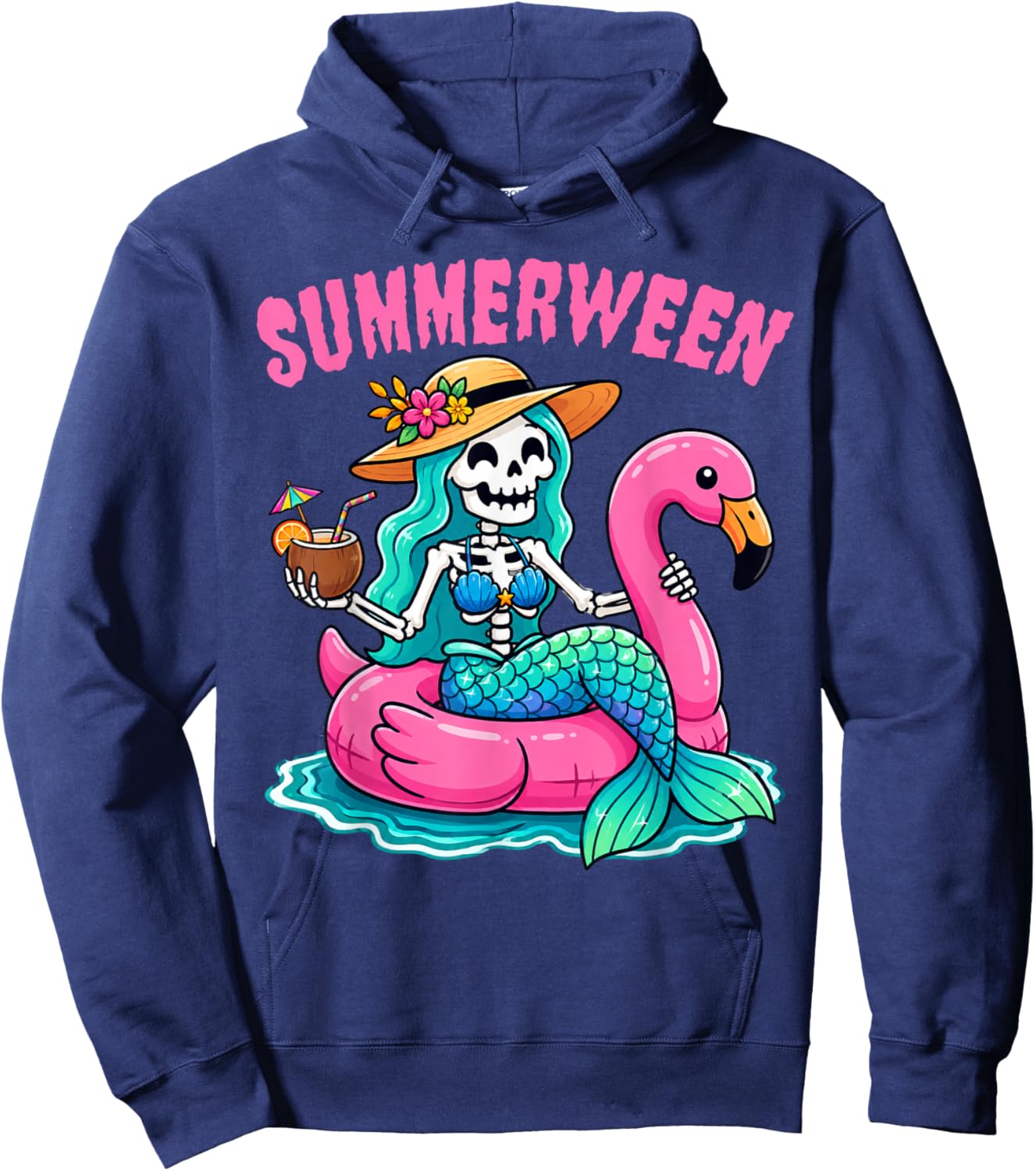 Summerween Skeleton Mermaid Beach Flamingo Halloween Girl Hoodie - Hoodie | Navy