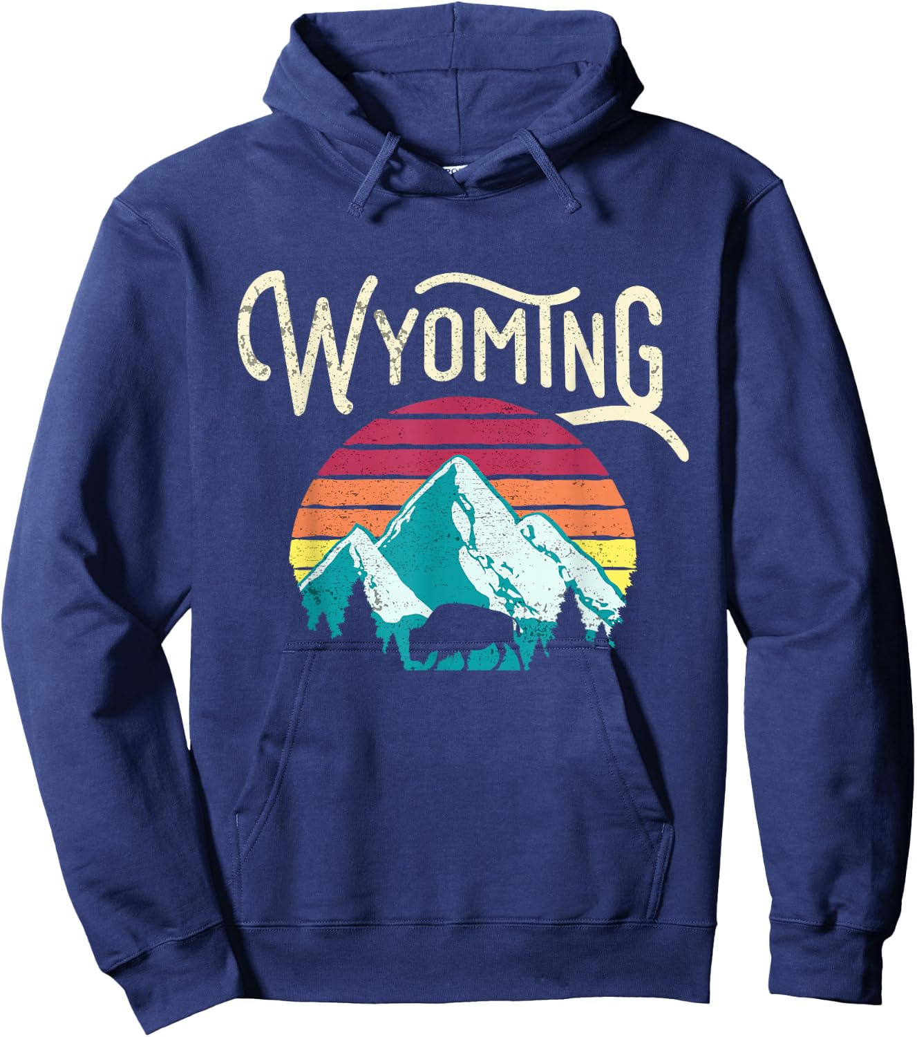 Retro Wyoming, WY Mountains State Wildlife Hoodie - Hoodie | Navy