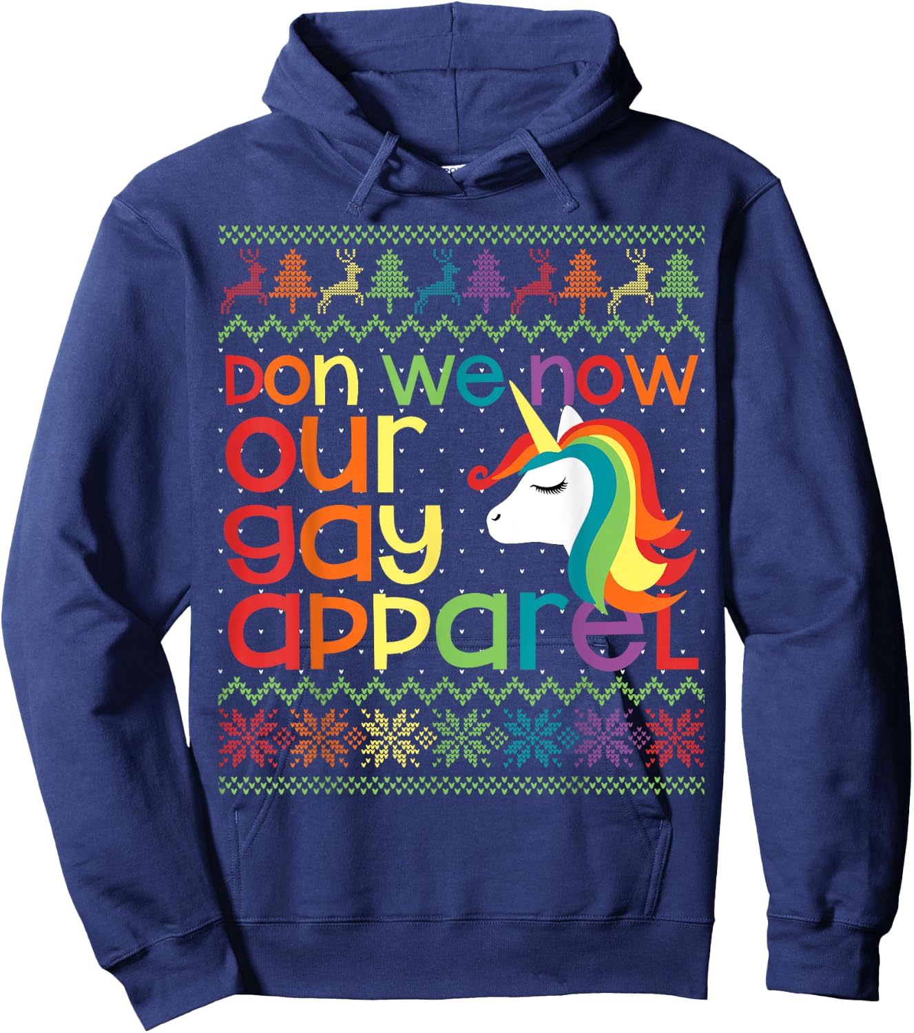 Gay Christmas Rainbow Unicorn Don We Now Our Gay Apparel Hoodie - Hoodie | Navy