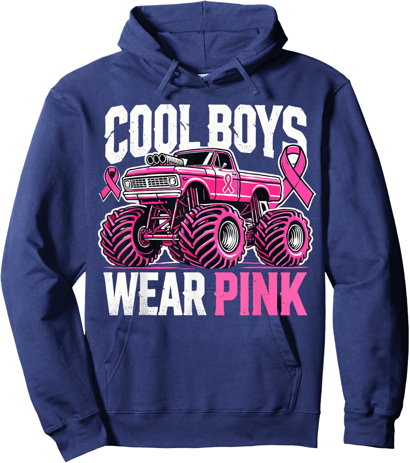 Monster Truck Breast Cancer Awareness Cool Boys Wear Pink Hoodie - Hoodie | Navy