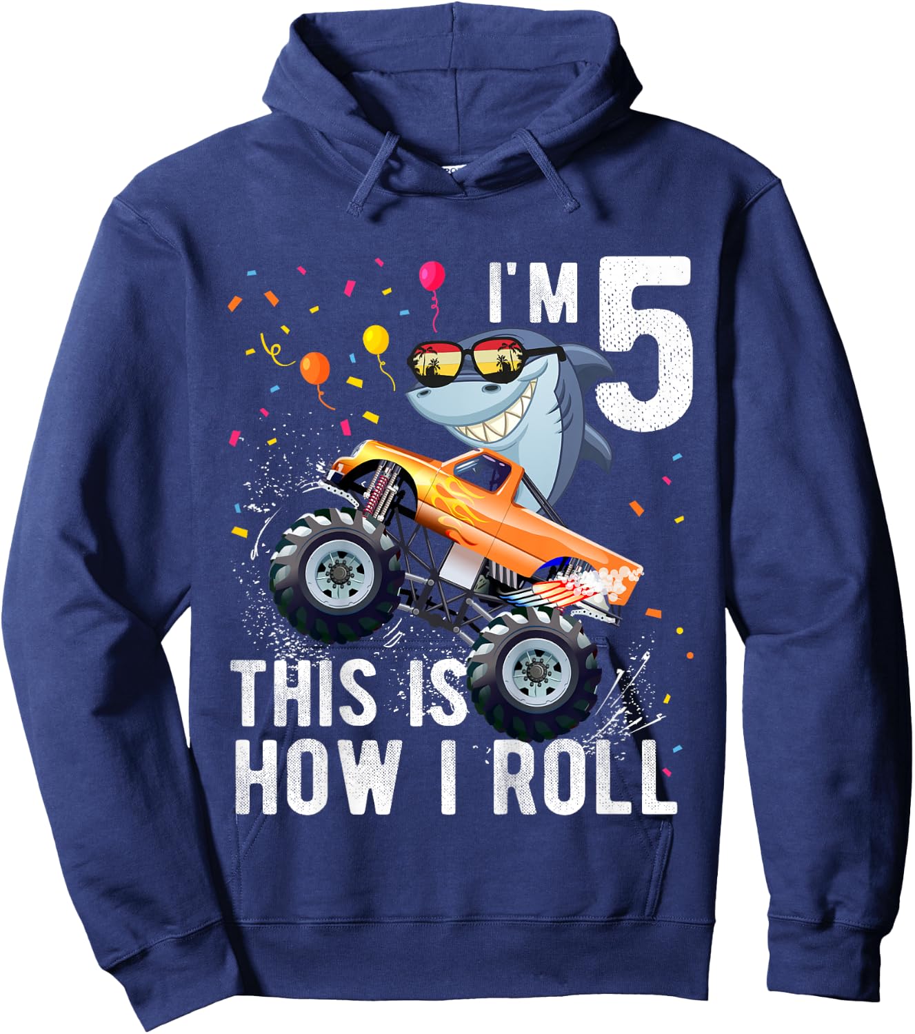 Shark Monster Truck 5th Birthday Boys and Girls Hoodie - Hoodie | Navy