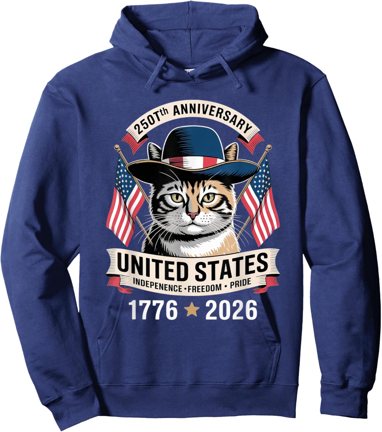 250th Anniversary America Patriotic USA Cat - 4th of July Hoodie - Hoodie | Navy