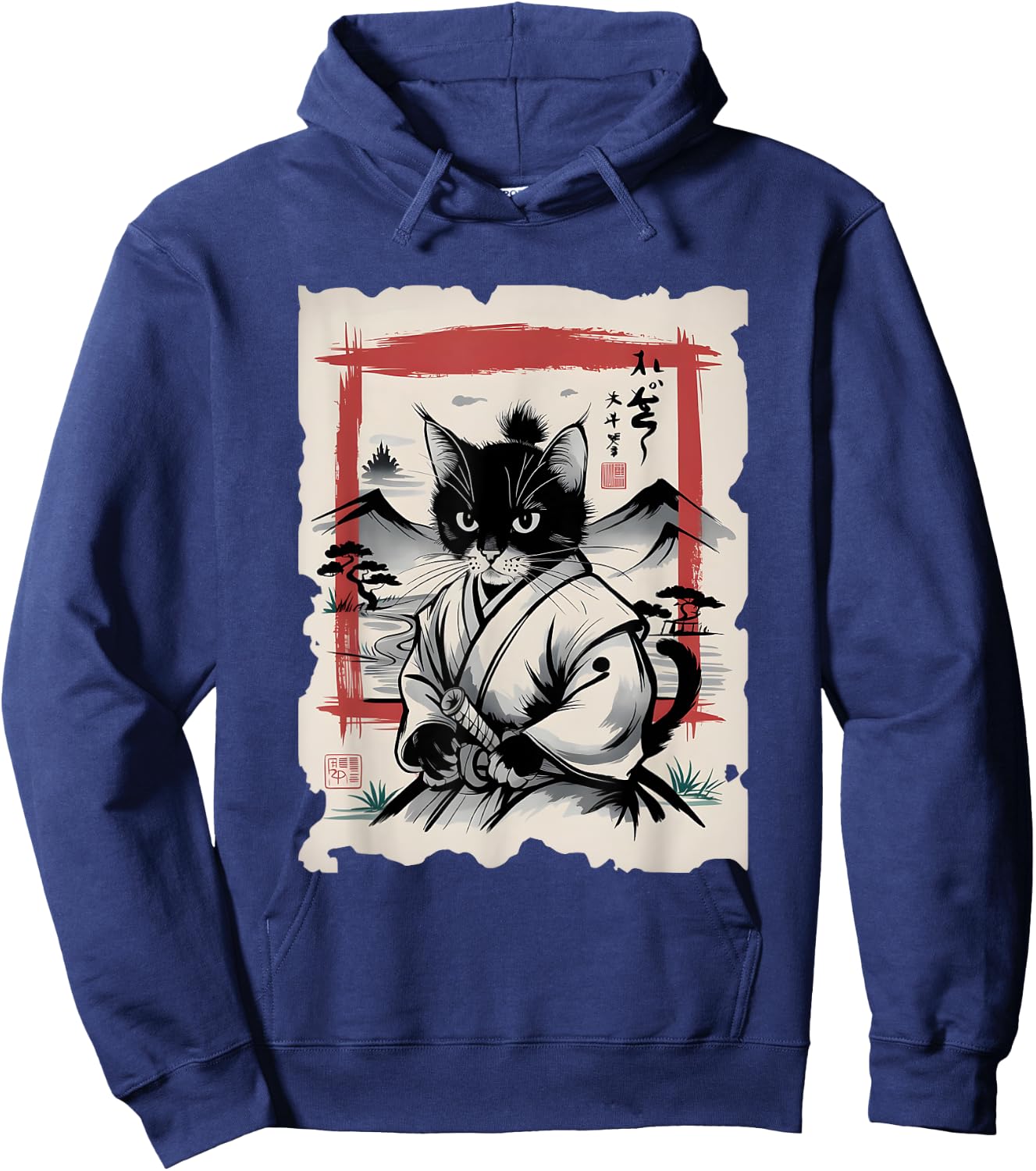 Samurai Cat Sumi-e Graphic - Vintage Warrior Japanese Art Men Women Girls Kids Hoodie - Hoodie | Navy