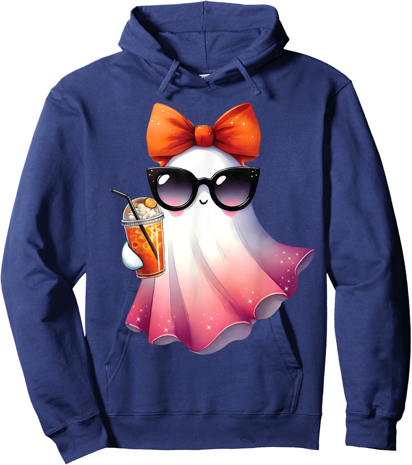 Cute Ghost Drinking Coffee With Halloween Bow Girls Hoodie - Hoodie | Navy