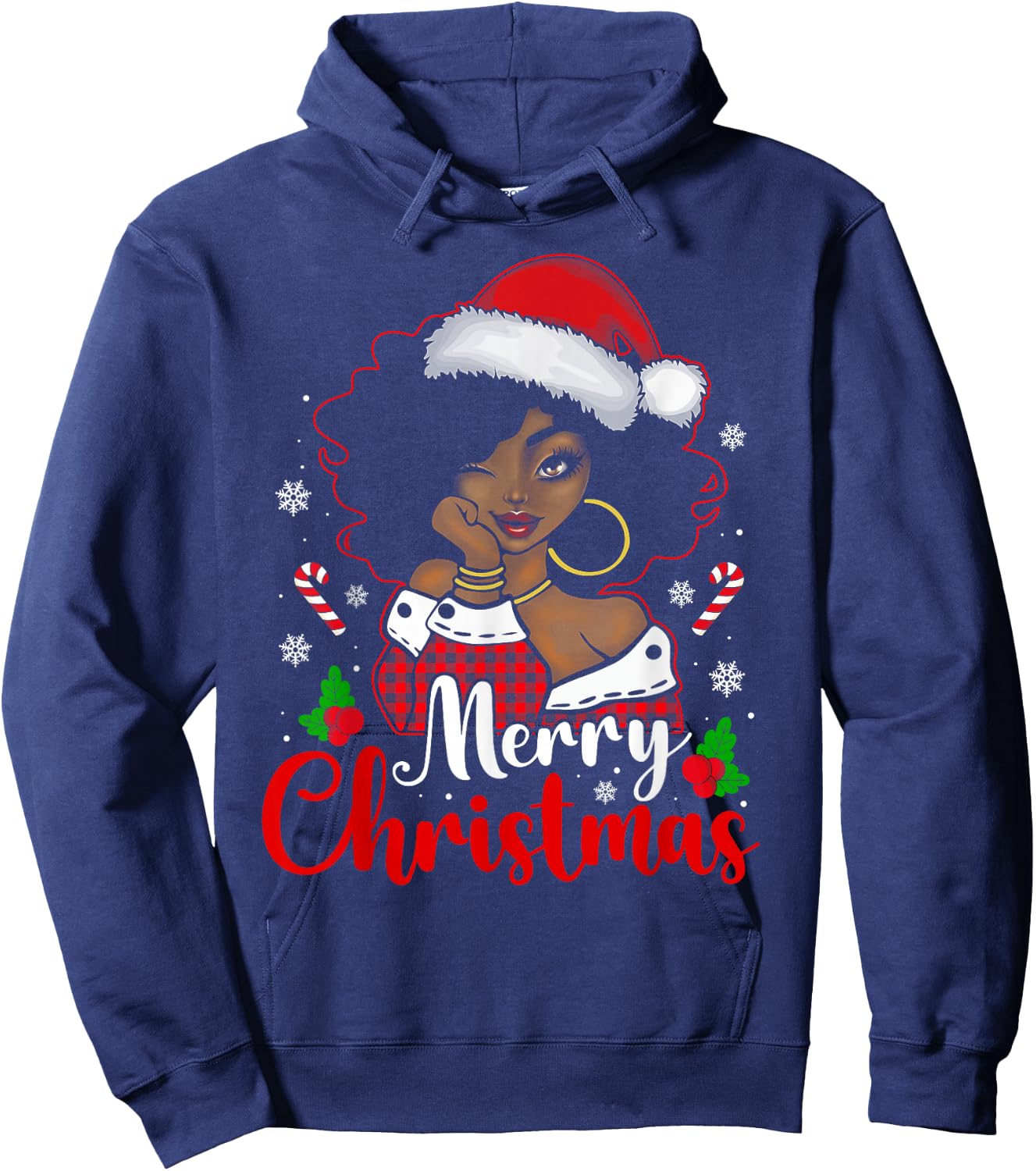 Merry Christmas Black African Girl Santa Hat Xmas Pajamas Hoodie - Hoodie | Navy