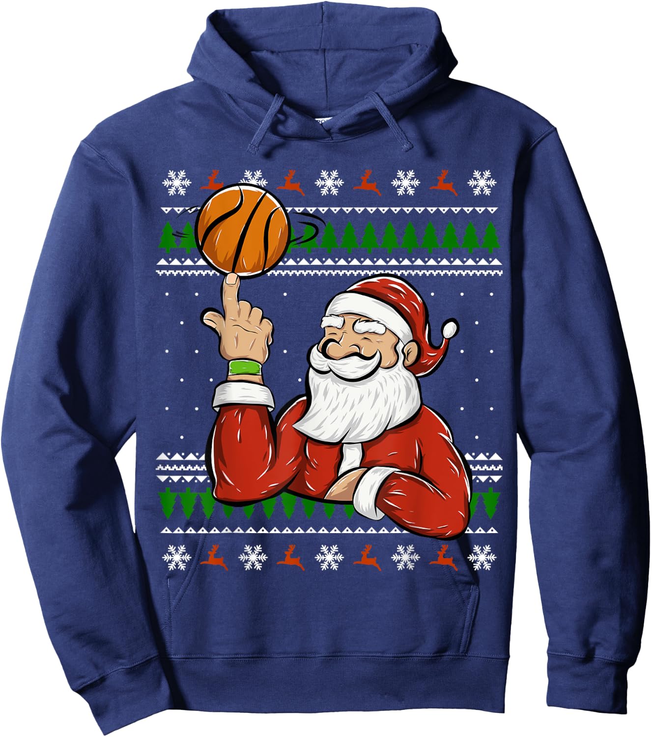Santa Playing Basketball | Christmas Ugly Sweater Hoodie - Hoodie | Navy