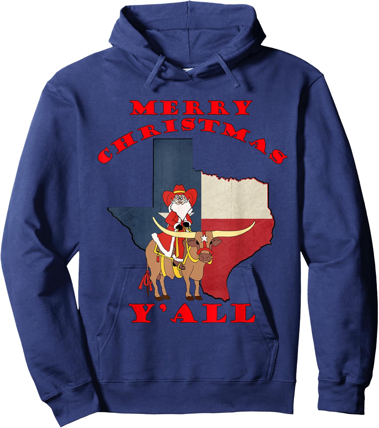 Texas Merry Christmas Y'all Santa On Bull Design Hoodie - Hoodie | Navy