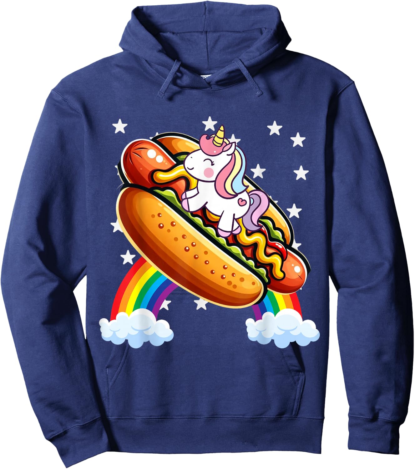 Unicorn Riding Hot Dog Boys Girls Women Kids Teens Adults Hoodie - Hoodie | Navy