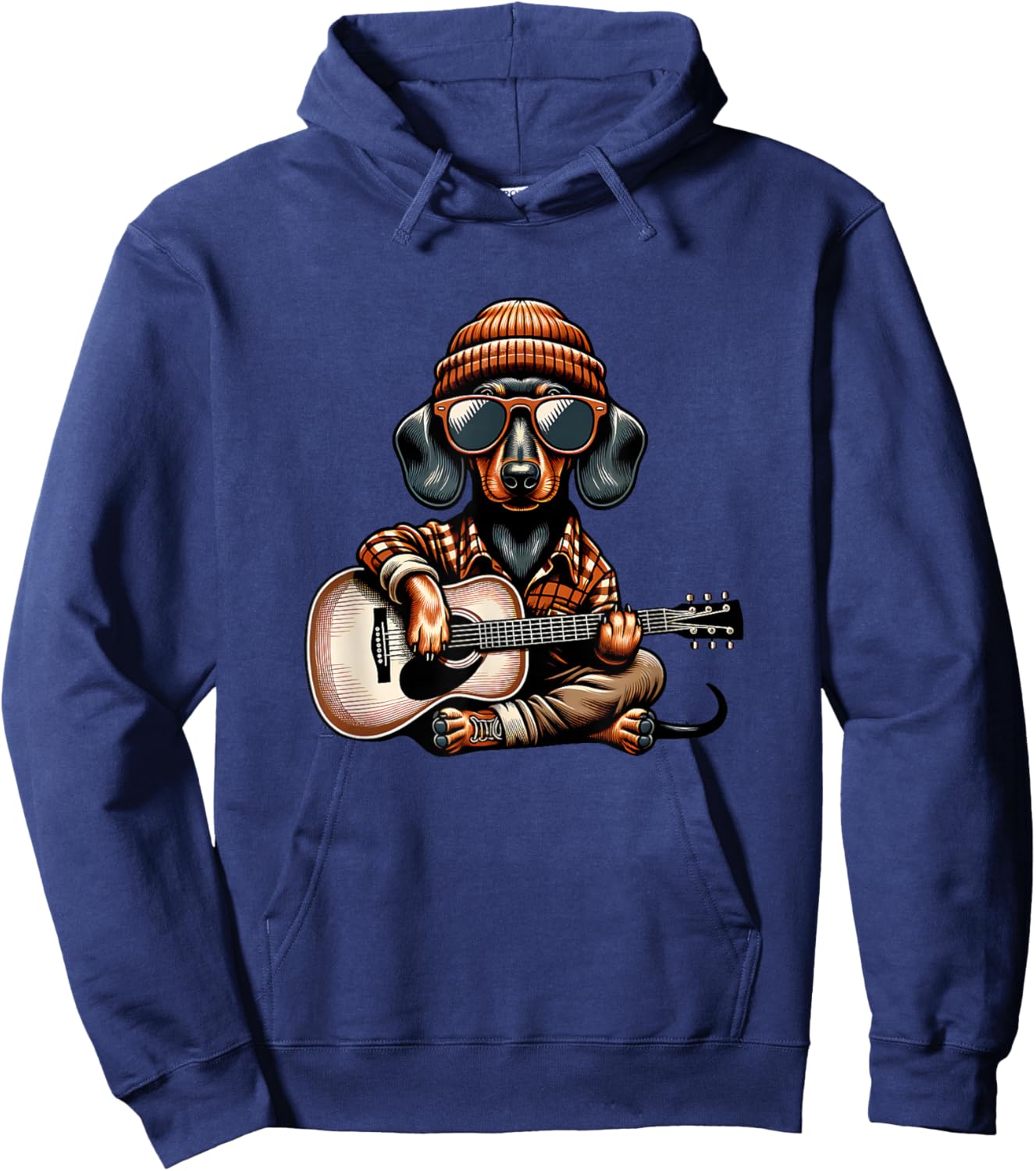 Cool Dachshund Playing Acoustic Guitar with Sunglasses Hoodie - Hoodie | Navy