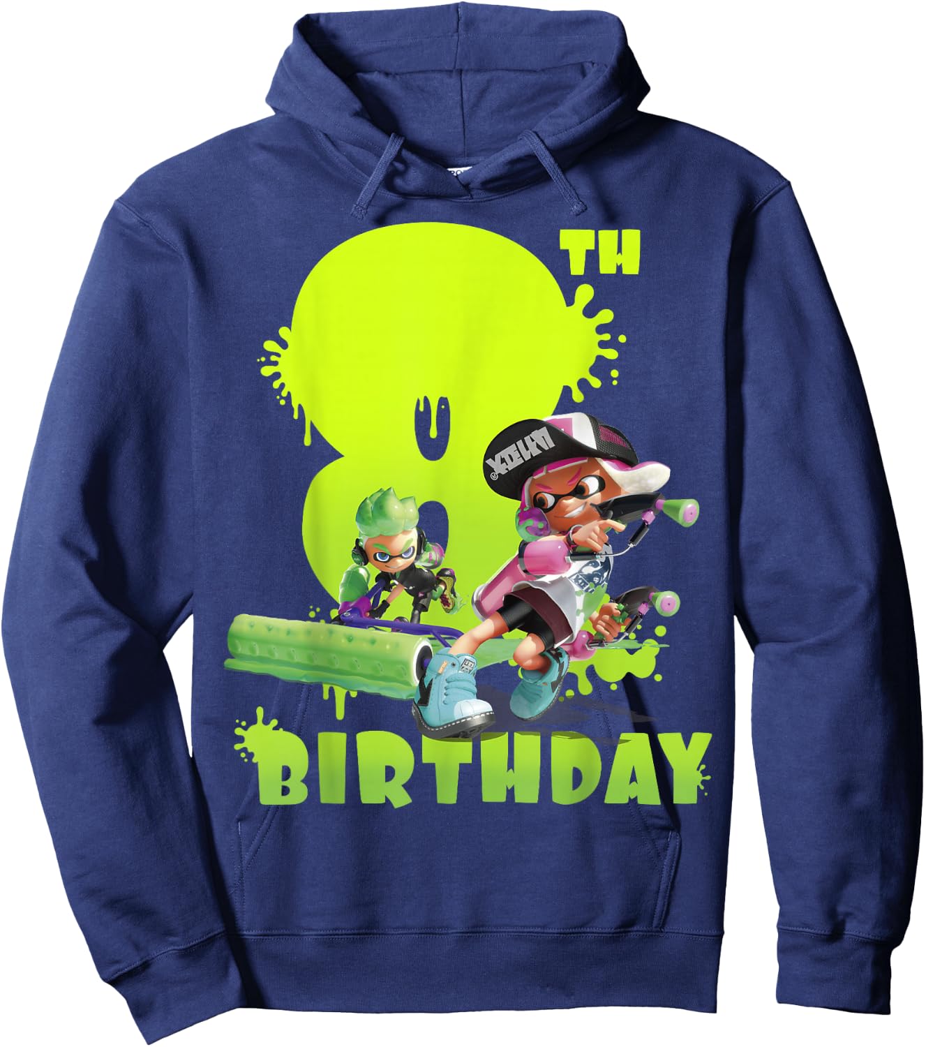 Splatoon Inkling 8th Birthday Green Splatter Portrait Hoodie - Hoodie | Navy