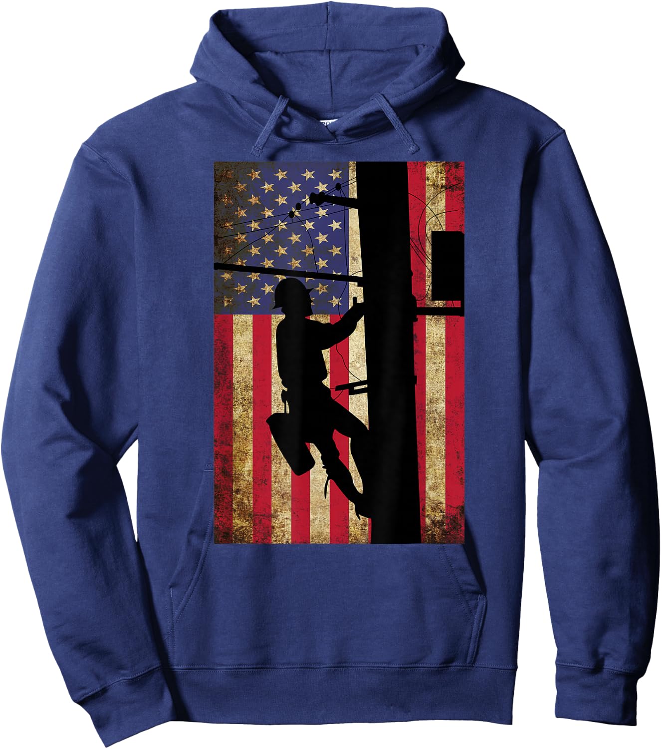 Lineman American Flag Shirt | Electric Cable Lineman Gift Hoodie - Hoodie | Navy